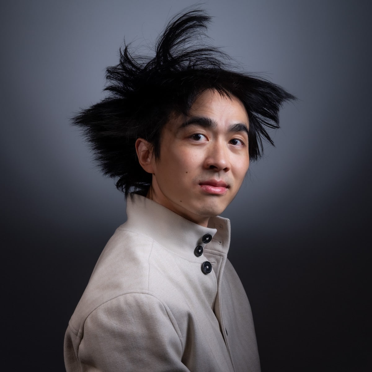Men's studio portrait with hair motion, Lisbon photographer